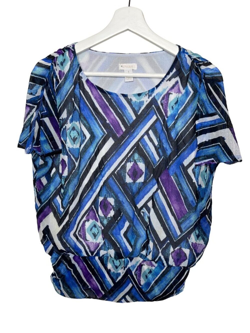Chicos Womens Size 1 Medium Purple Print Mesh Top Short Sleeve Boho Artsy